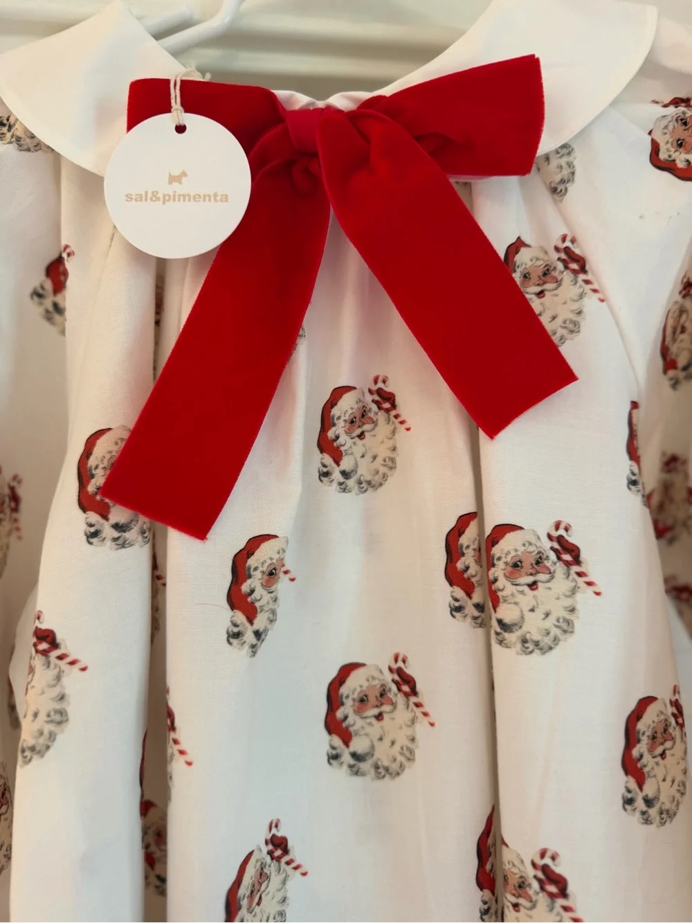 NWT Sal & Pimenta Girls vintage Santa-Print Nightgown with Red velvet Bow 12
